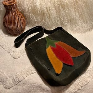 Vintage Boho Green Suede Shoulder Bag Floral Detail Single Strap Made in Italy